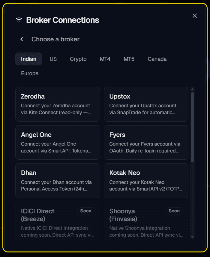 Broker connections — sync Indian and US brokers