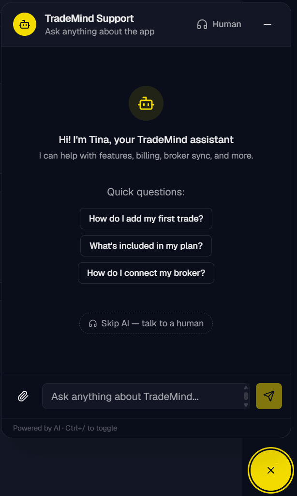 Tina — TradeMind's AI support assistant answering app questions