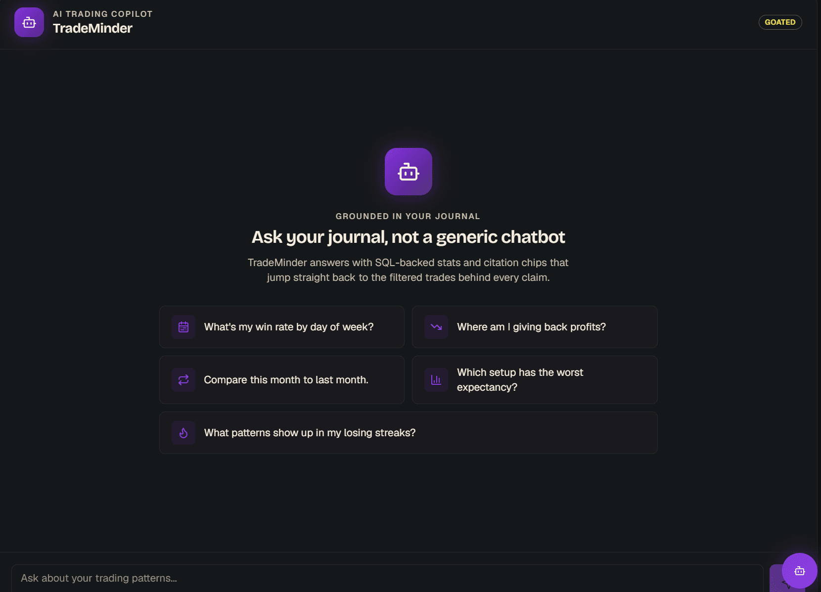 TradeMinder — AI trading copilot grounded in your journal, with SQL-backed stats and citation chips
